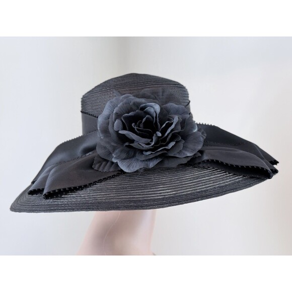 Plaza Suite by Betmar Black Wide Brim Derby Church Hat Floral Wedding Tea Party